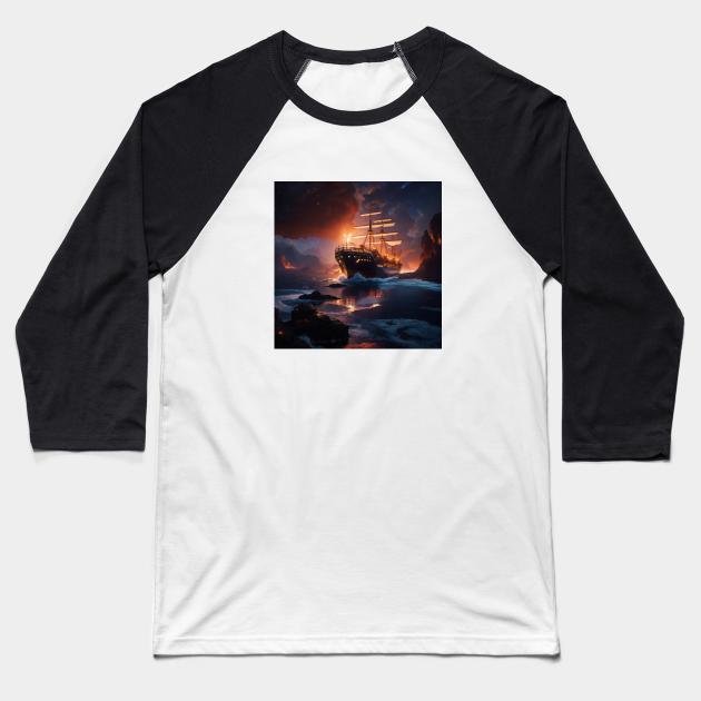 Vintage Ship Vulcano Magma Ocean Baseball T-Shirt by Flowering Away